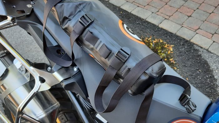 GL Possibles Pouch with straps undone on motorcycle