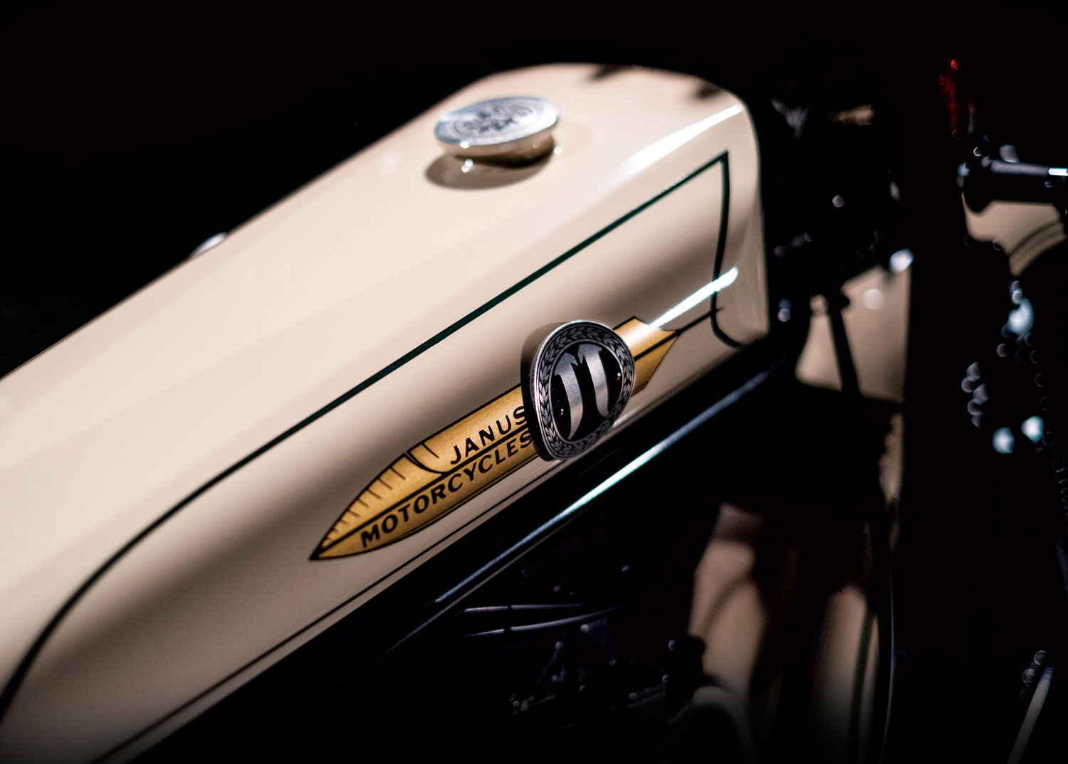 A close-up of the tank on the Halcyon 450, a new motorcycle from Janus Motorcycles