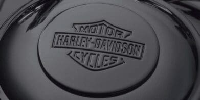 A view of the Harley Davidson emblem on smoked steel