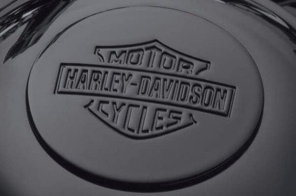 A view of the Harley Davidson emblem on smoked steel