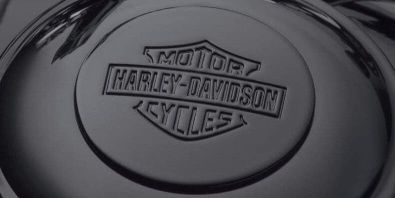 A view of the Harley Davidson emblem on smoked steel