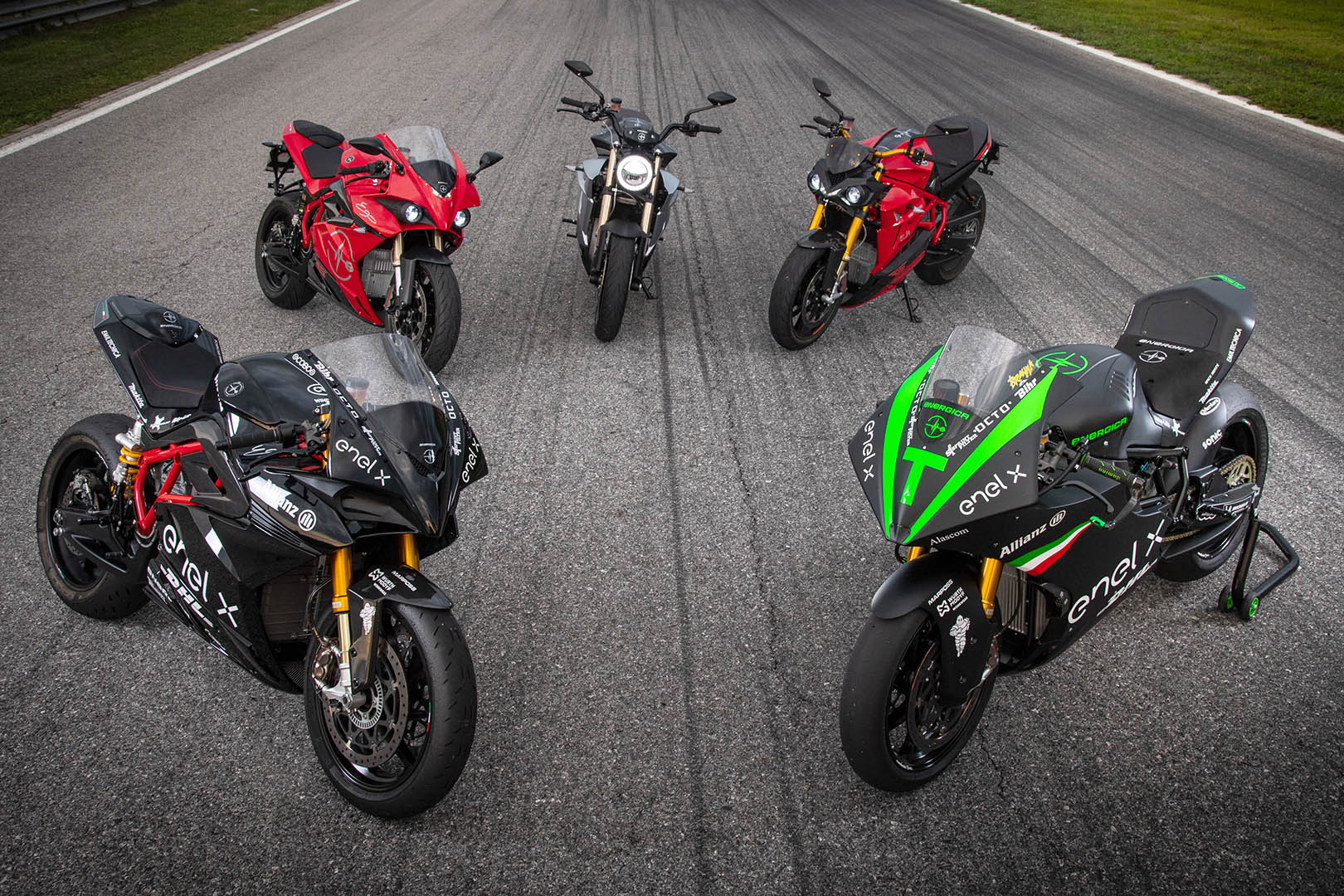 A view of the Energica Motorcycles lineup on pavement