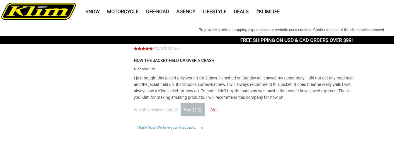 A Klim jacket review left by a user