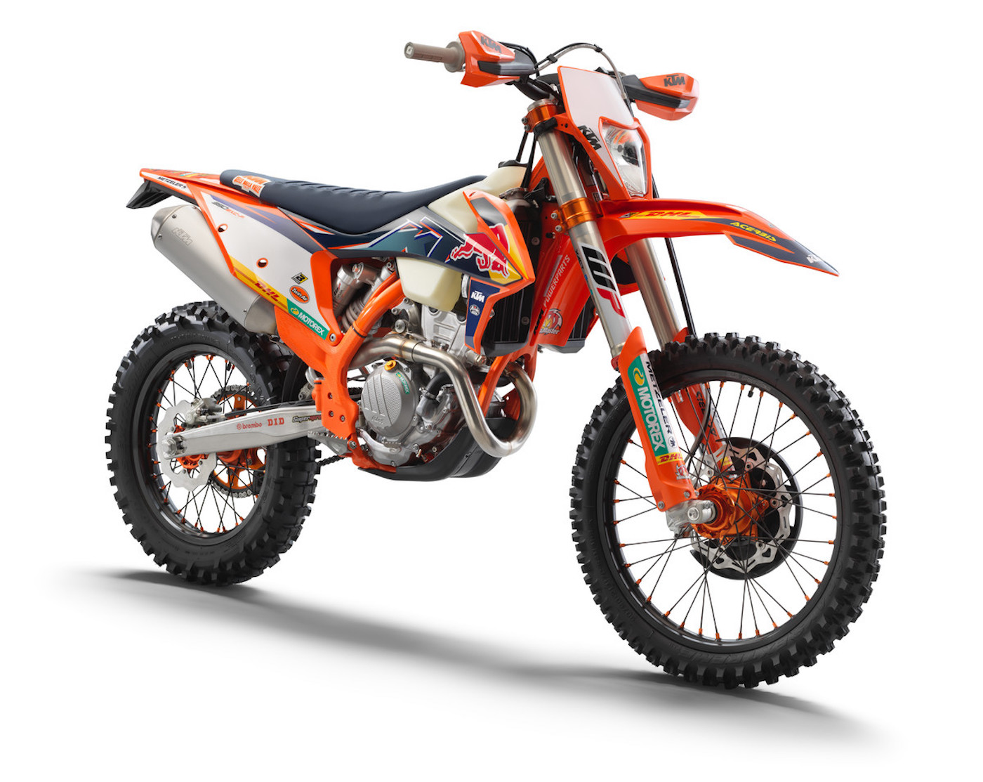 A right-front view of the all-new 2022 KTM EXC-F Factory Edition