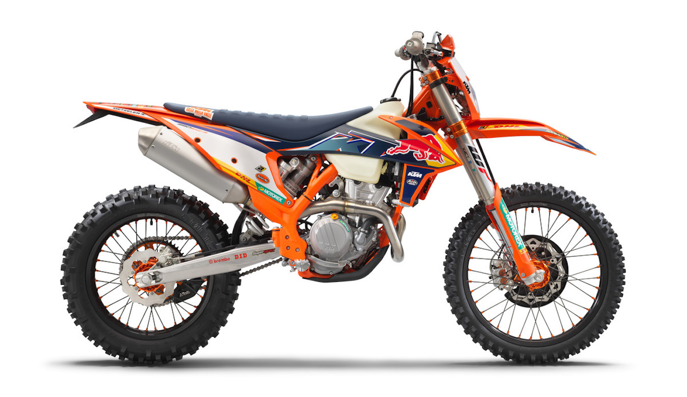 A side view of the all-new 2022 KTM EXC-F Factory Edition