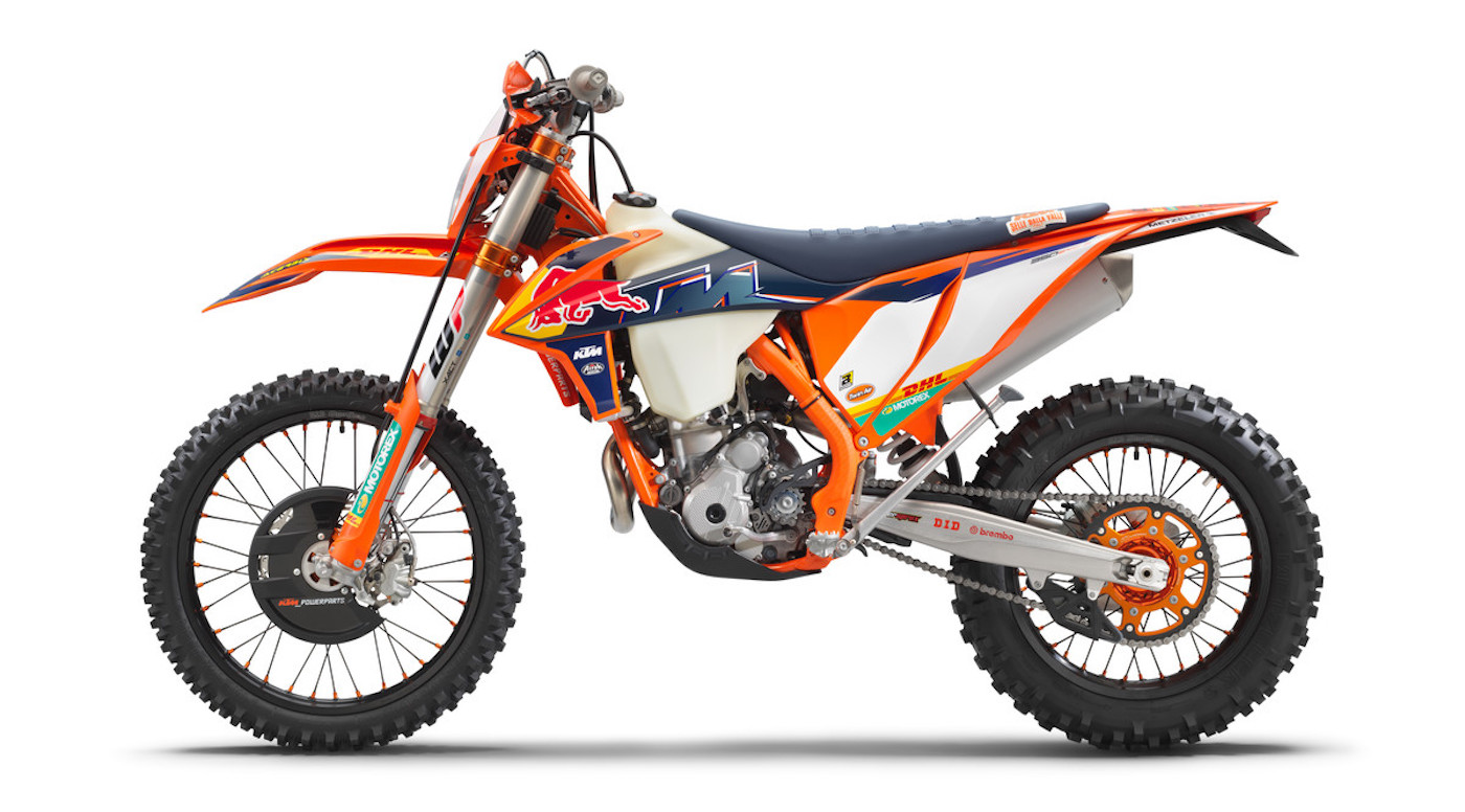 A side view of the all-new 2022 KTM EXC-F Factory Edition