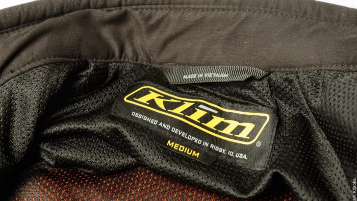 Klim logo tag on the inside of the jacket