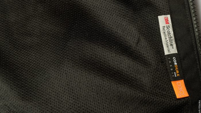Closeup of mesh material on Klim jacket interior