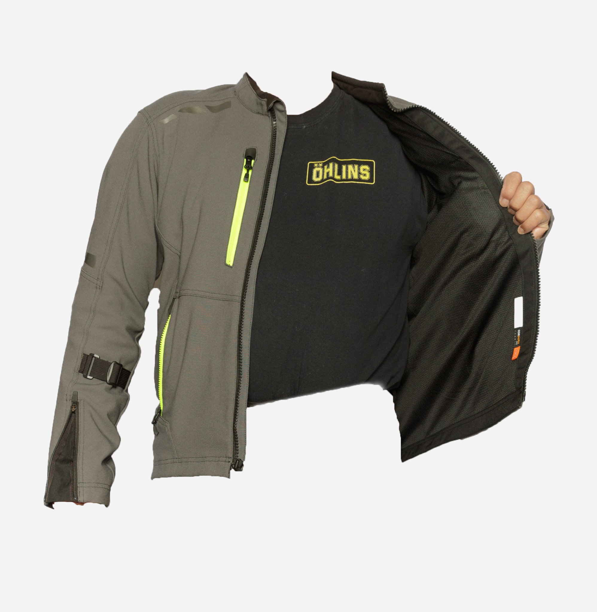 Front view of the Klim jacket revealing the left interior