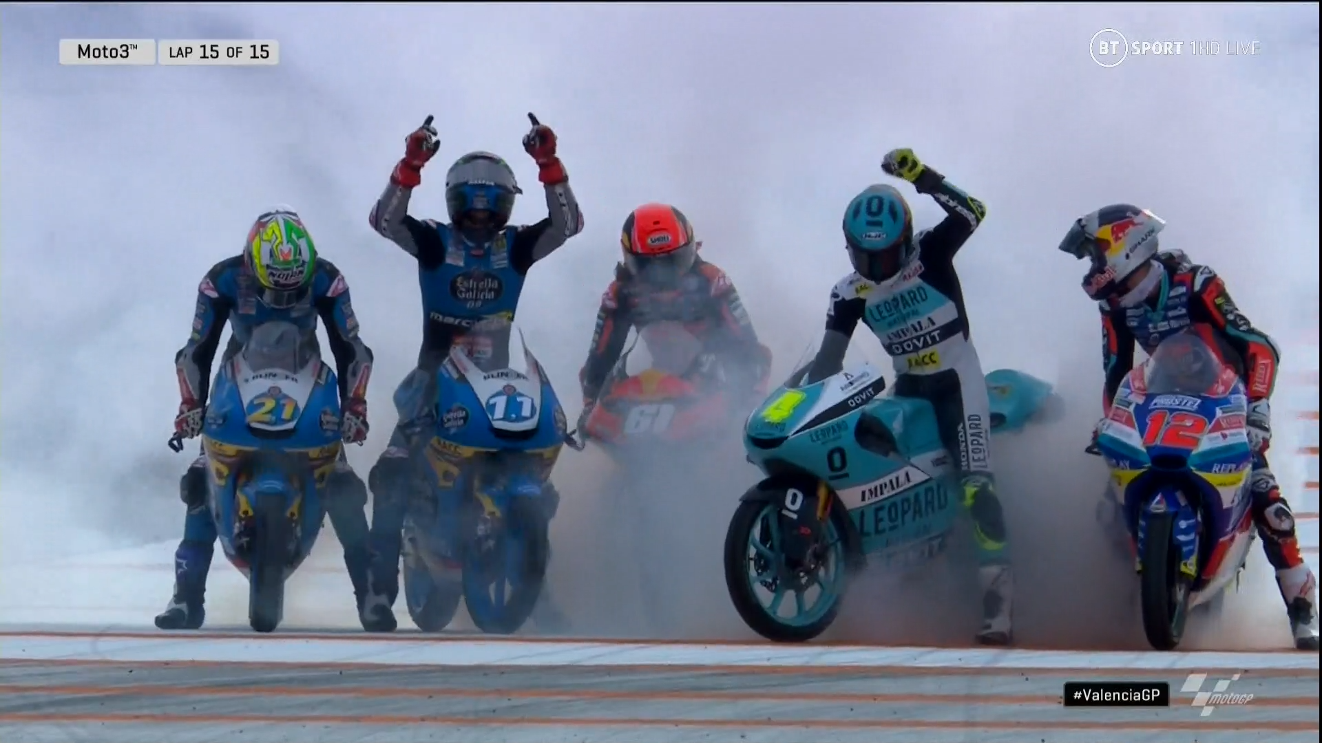 A celebration after the end of a Moto3 race