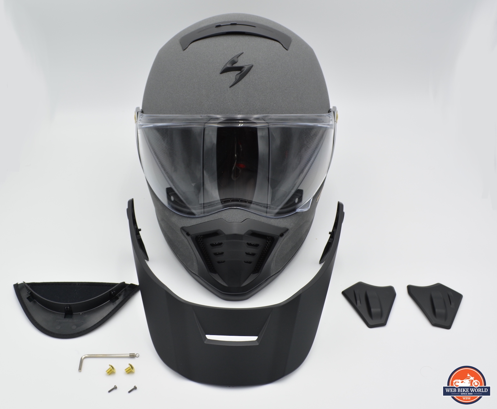 A view of the Scorpion EXO HX1 Helmet with everything that comes in the box