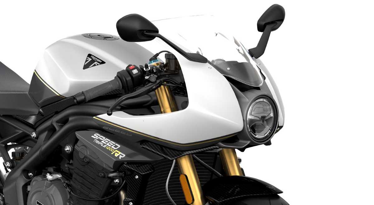 A close-up of the front fairing of the 2022 Triumph Speed Triple 1200 RR