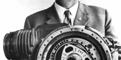 Dr. Felix Wankel and an early prototype rotary engine