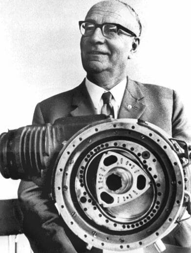 Dr. Felix Wankel and an early prototype rotary engine