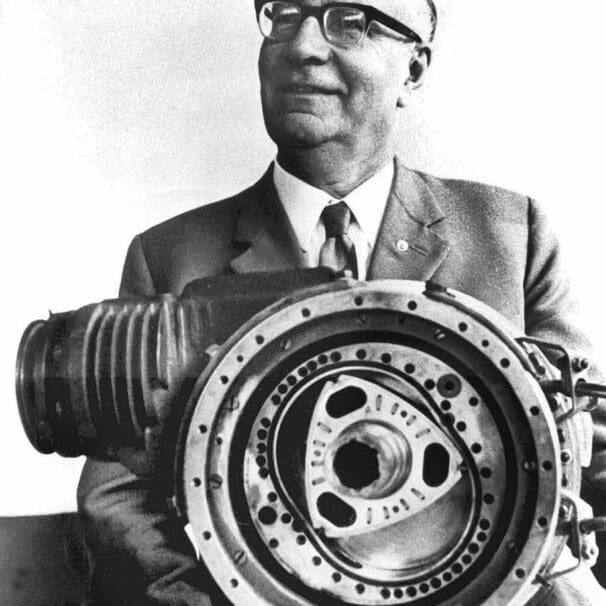 Dr. Felix Wankel and an early prototype rotary engine