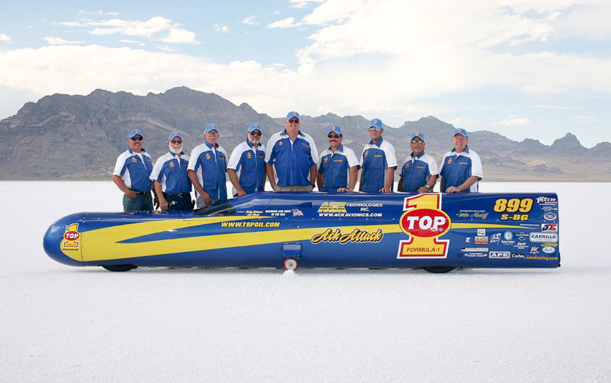 Rocky Robinson and team with the Ack Attack - a streamliner that completed the workd land speed record in 2016