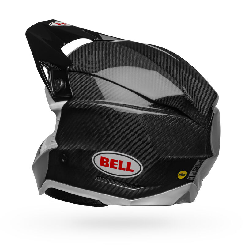 A back left view of the Bell Moto-10 Full-Face helmet, in the new gloss carbon finish