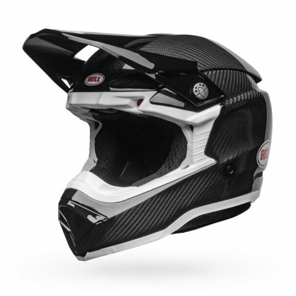 A front-right view of the Bell Moto-10 Full-Face helmet, in the new gloss carbon finish