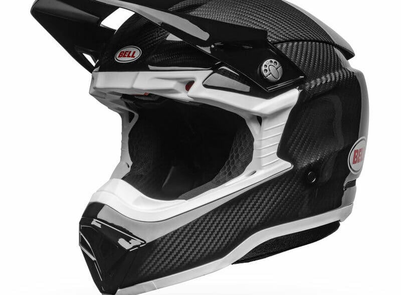 A front-right view of the Bell Moto-10 Full-Face helmet, in the new gloss carbon finish