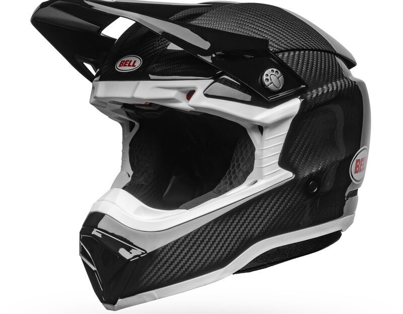 A front-right view of the Bell Moto-10 Full-Face helmet, in the new gloss carbon finish