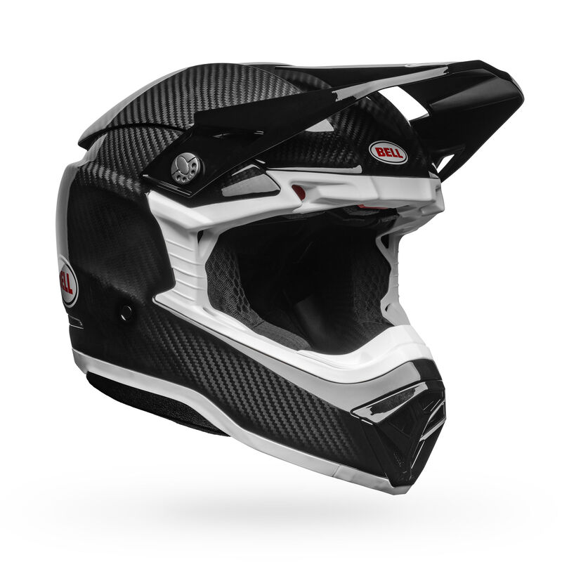 A Front/left view of the Bell Moto-10 Full-Face helmet, in the new gloss carbon finish