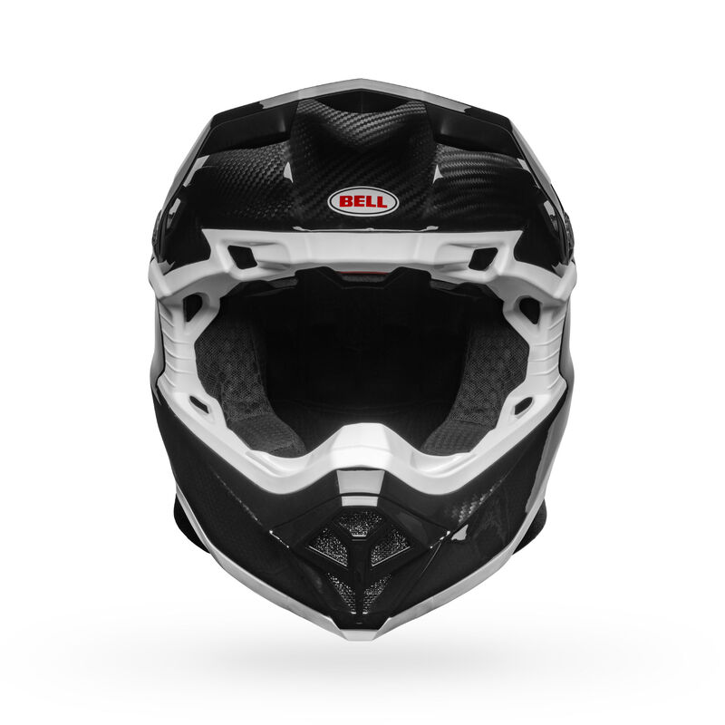 A frontal view of the Bell Moto-10 Full-Face helmet, in the new gloss carbon finish