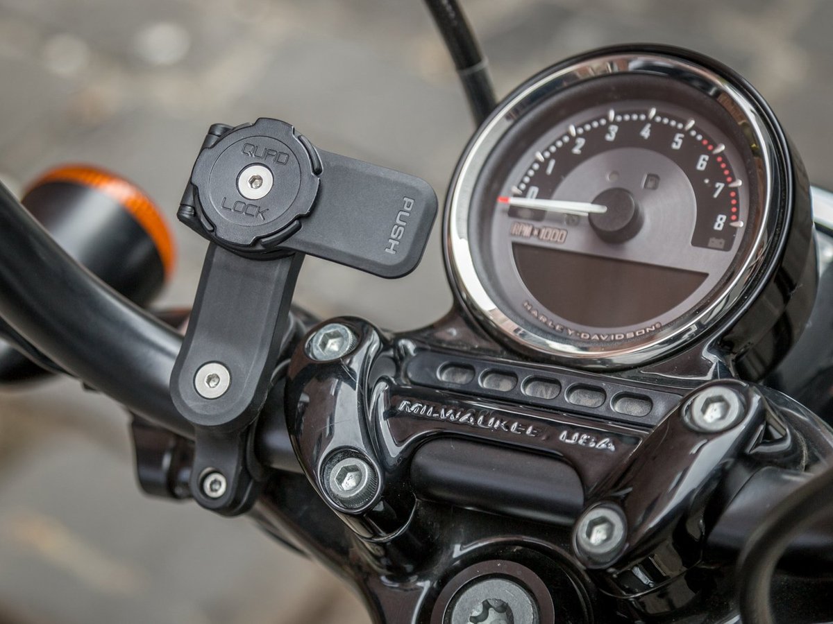 A view of the Motorcycle phone mount available from Quad Lock