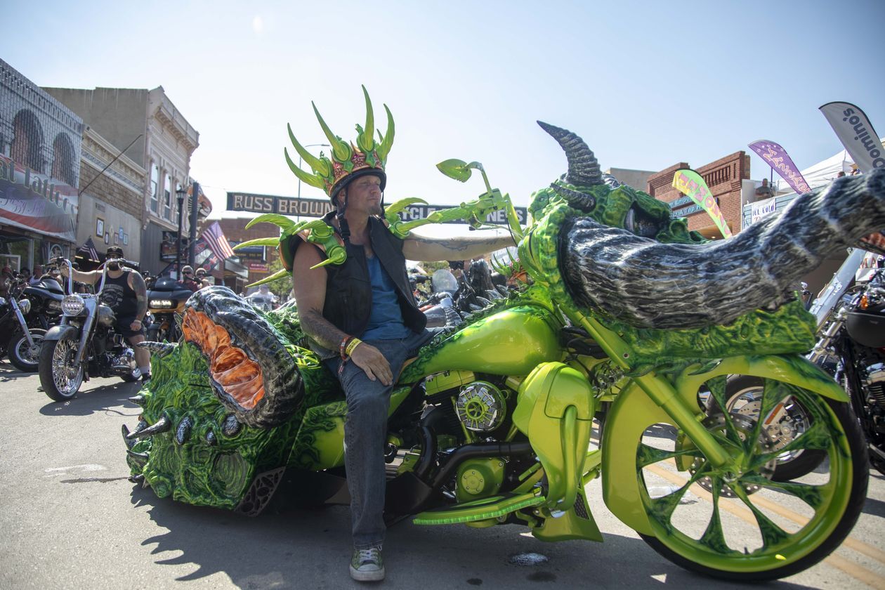 A view of a custom motorcycle from the archives of the 2021 Sturgis Motorcycle Rally