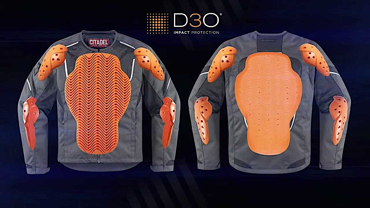 A front and back view of a motorcycle jacket featuring CE Level 2 D30 armour using the non-Newtonian goo