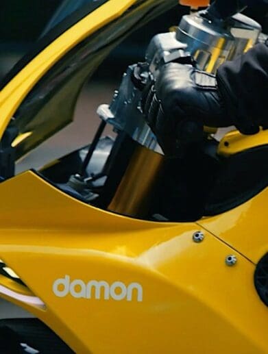 A close-up of Damon motorcycles