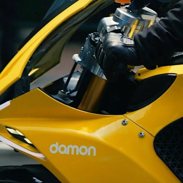A close-up of Damon motorcycles
