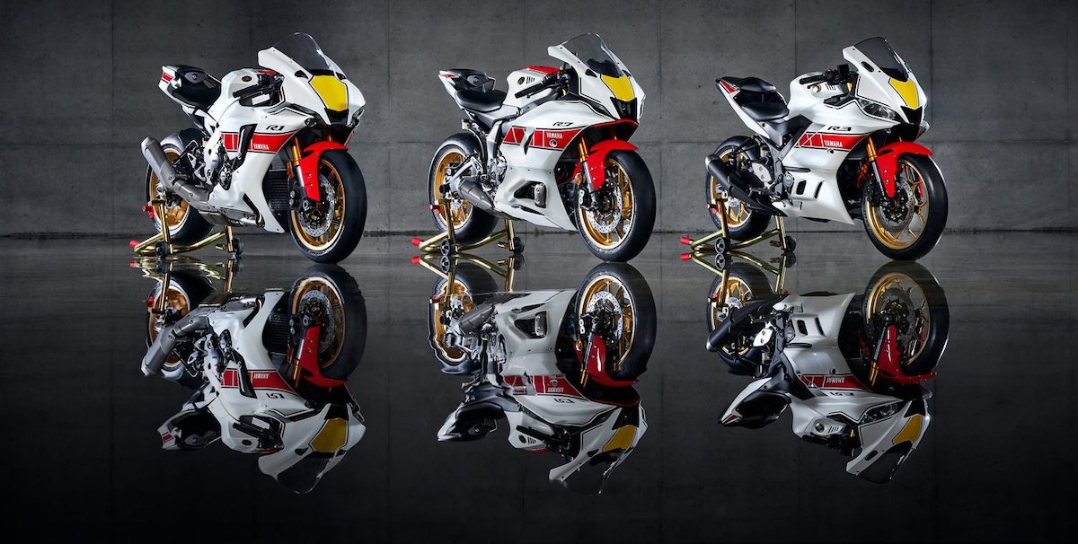 a preview of the 2022 60th Anniversary Grand Prix editions of Yamaha's R3, R7 and R1.