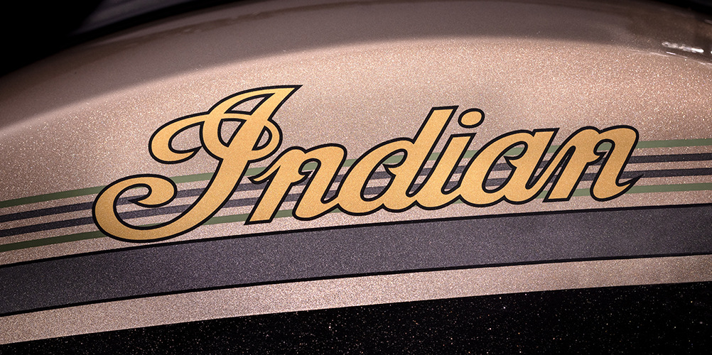 A view fo the Indian Motorcycles logo on the Limited Edition Indian Challenger Dark Horse created in partnership with Jack Daniels and the Klock Werk Custom Cycles Shop