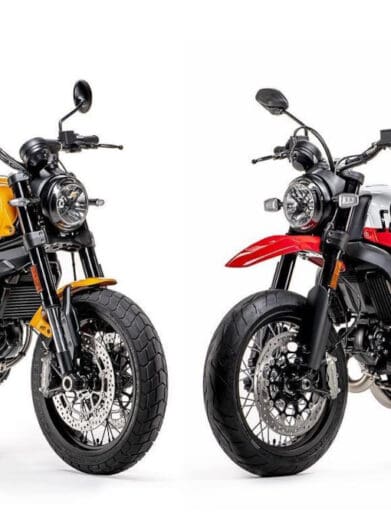 A side view of the Scramblers released in episode 2 of the Ducati World Premiere: The Scrambler 1100 Tribue PRO, and the Urban Motard