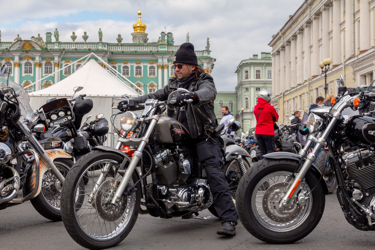 St. Petersburg, Russia - August 03, 2019: Biker and motorcycle. Harley Davidson Festival at the Palace Square in St. Petersburg.