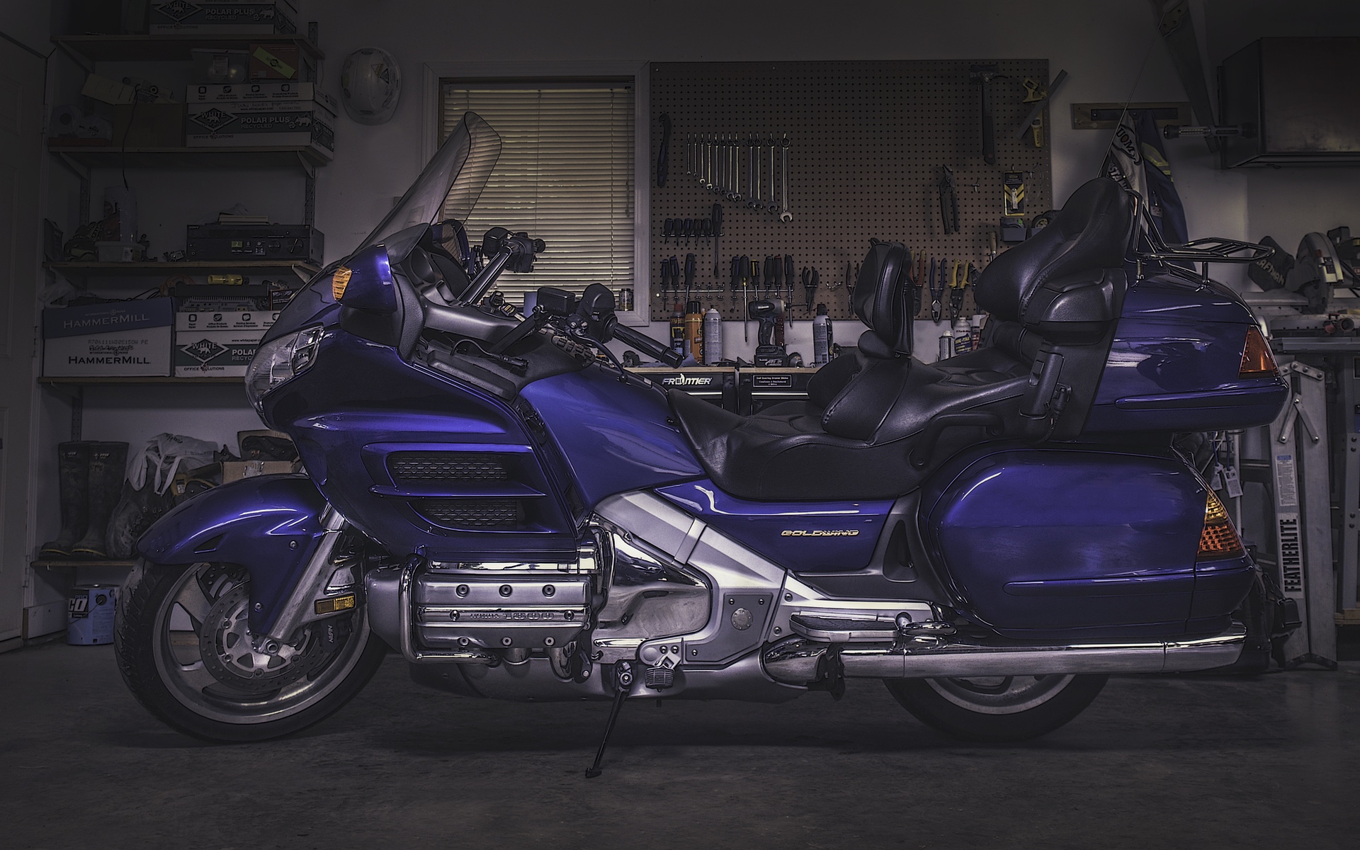 Blue 2001 Honda Goldwing sitting in garage