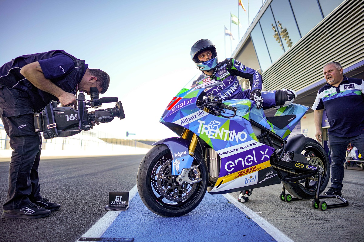 A view of racers in the 2020 MotoE series run by MotoGP and Dorna Sports