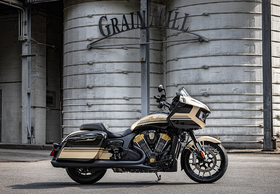 A side view of the Limited Edition Indian Challenger Dark Horse created in partnership with Jack Daniels and the Klock Werk Custom Cycles Shop