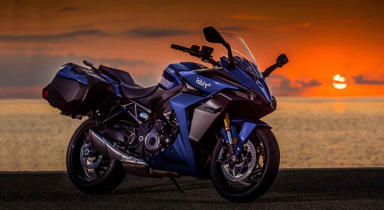 Suzuki’s New Sport Tourer, the GSX-S1000GT, in front of a sunset