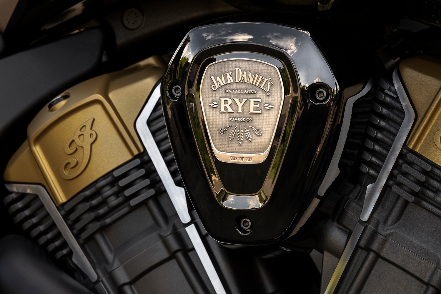 A view of the badge present on every unit connected to the Limited Edition Indian Challenger Dark Horse created in partnership with Jack Daniels and the Klock Werk Custom Cycles Shop