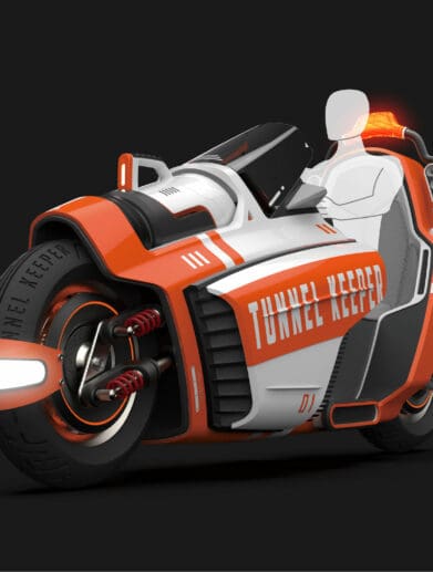 A side view of the Tunnel Keeper - a two-wheeled firefighting motorcycle designed by Syu Wei Chen