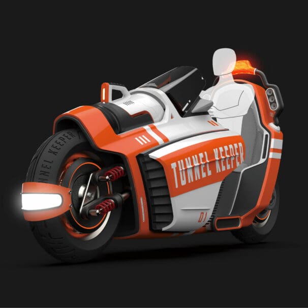 A side view of the Tunnel Keeper - a two-wheeled firefighting motorcycle designed by Syu Wei Chen