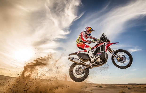 A view of a rider in the 2021 Moroccan Rally, prepping for the Dakar Rally raid in 2022