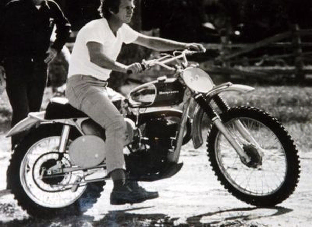 A side view of Steve McQueen on the iconic 1971 Husqvarna 400 Cross, used by Steve McQueen in the movie hit, "On Any Sunday"
