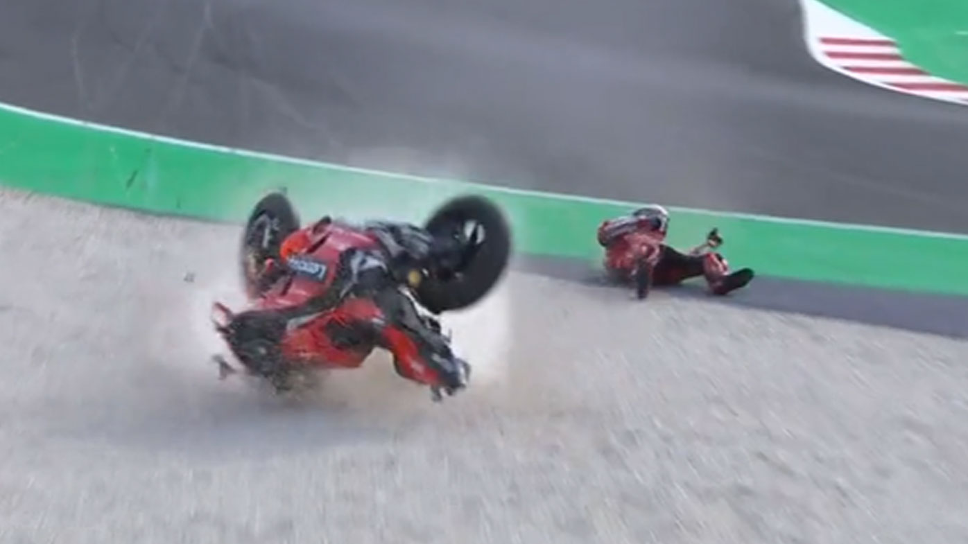 Ducati racer Francesco Bagnaia crashing in the same corner due to the same reason as teammate Jack Miller - he broke his tibia but no other injuries are recorded