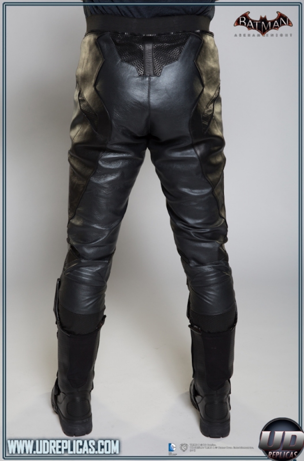 A close-up of the pants on the BATMAN™: Arkham Knight Leather Motorcycle Suit from UD Replicas