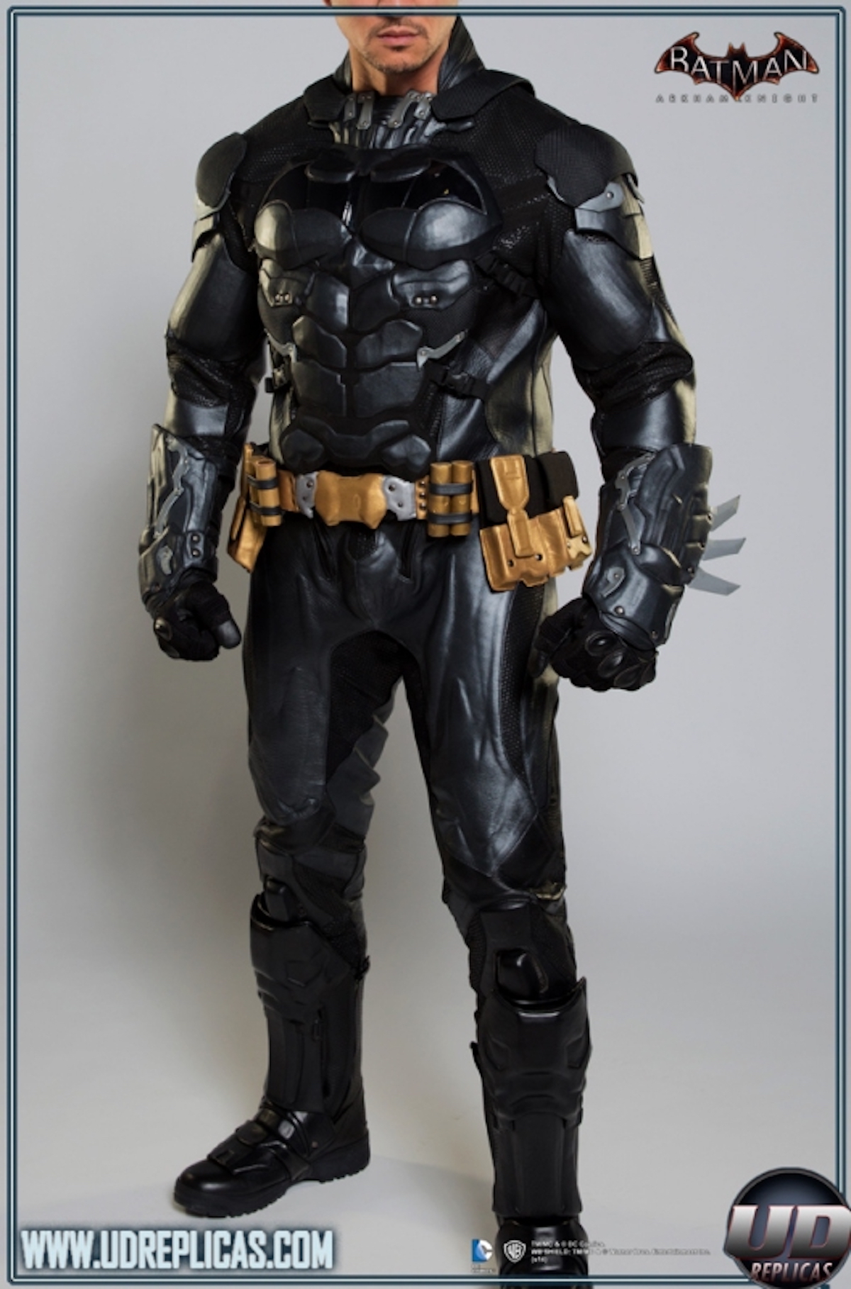 A frontal view of the BATMAN™: Arkham Knight Leather Motorcycle Suit from UD Replicas