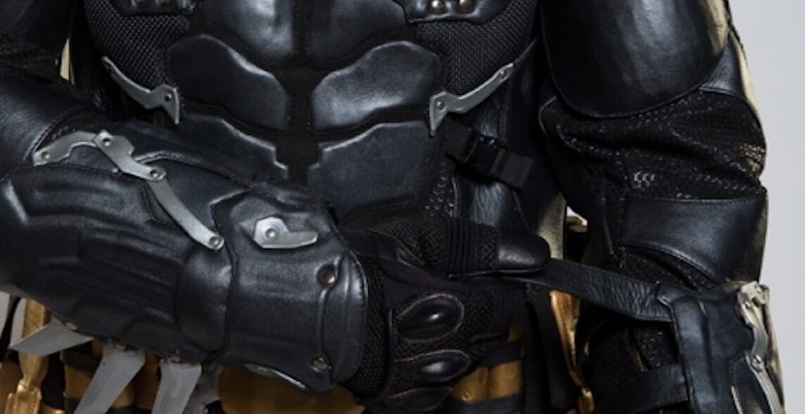 A close-up of the BATMAN™: Arkham Knight Leather Motorcycle Suit from UD Replicas