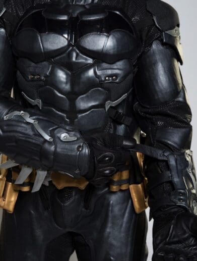 A close-up of the BATMAN™: Arkham Knight Leather Motorcycle Suit from UD Replicas