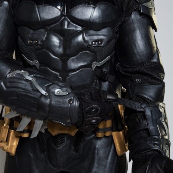 A close-up of the BATMAN™: Arkham Knight Leather Motorcycle Suit from UD Replicas